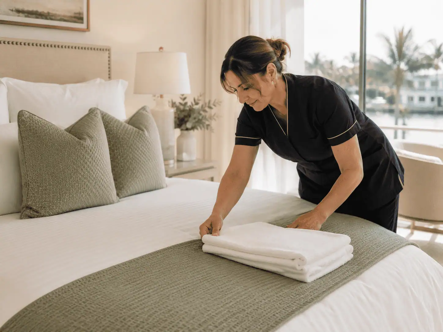 Airbnb cleaner preparing guest bedroom