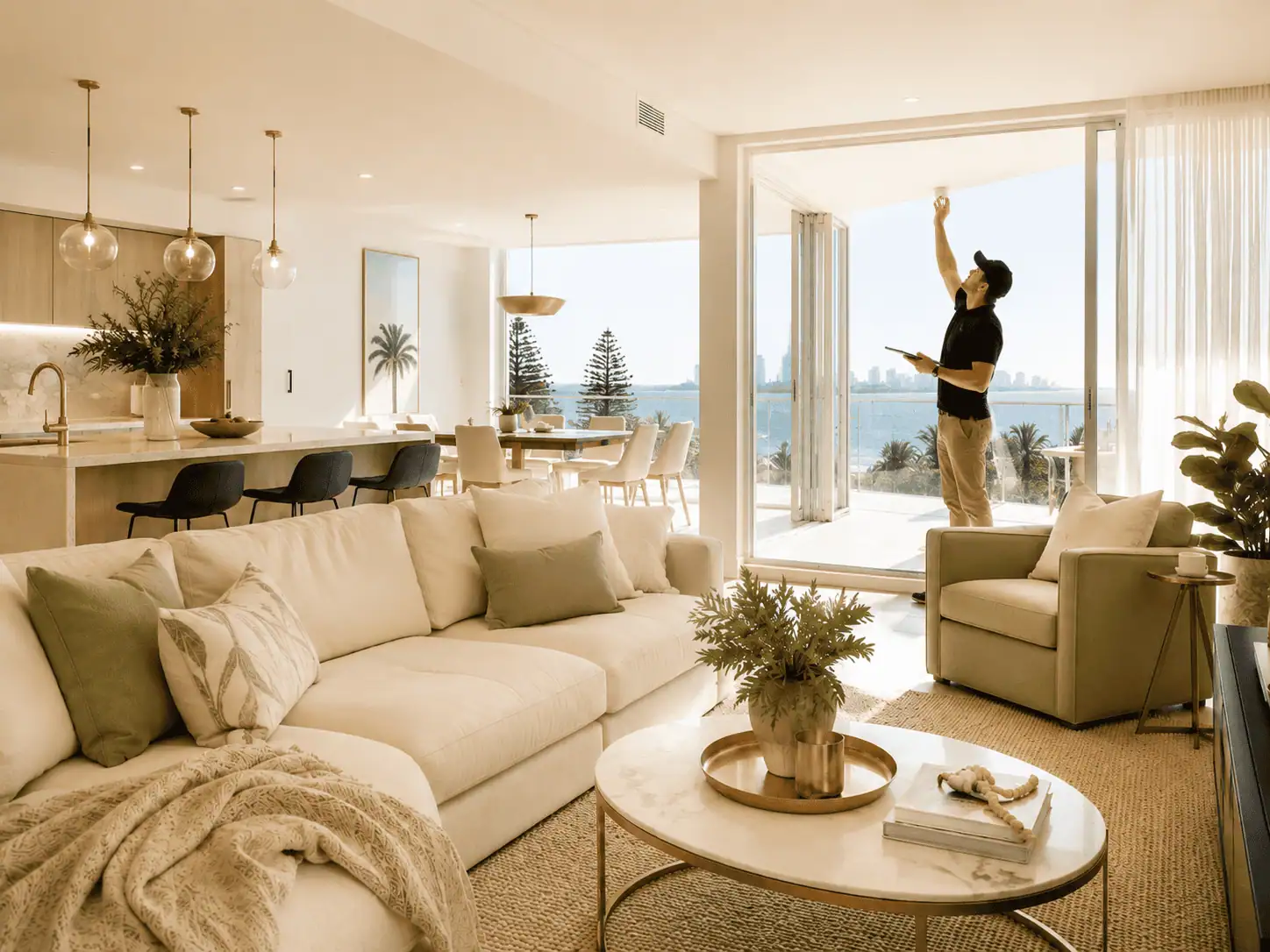Airbnb cleaner staging a living room for guests