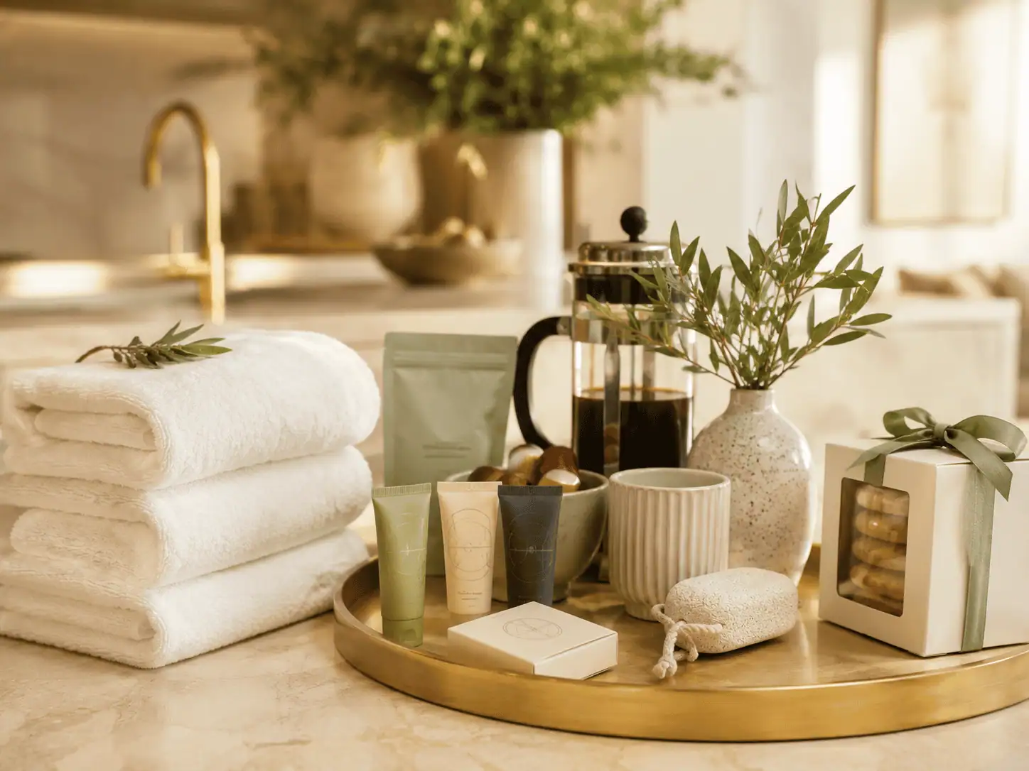 Guest welcome amenities, fresh towels and linen prepared for a holiday rental