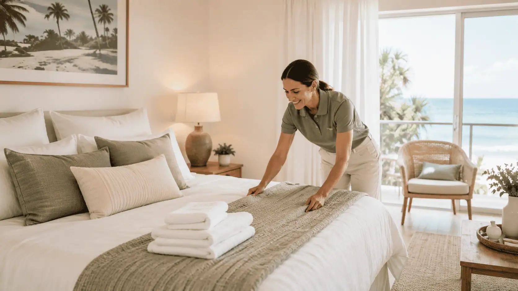 Airbnb housekeeper making a hotel-style bed