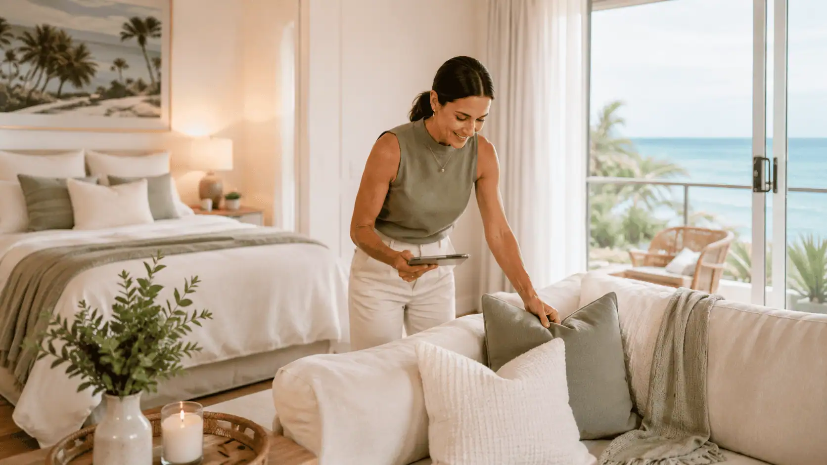 Housekeeper preparing a living room ahead of guest arrival