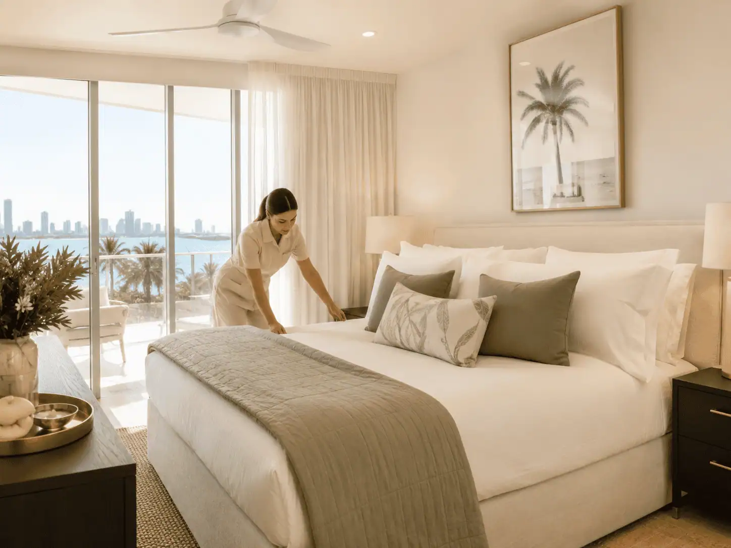 Airbnb housekeeper preparing a luxury guest bedroom